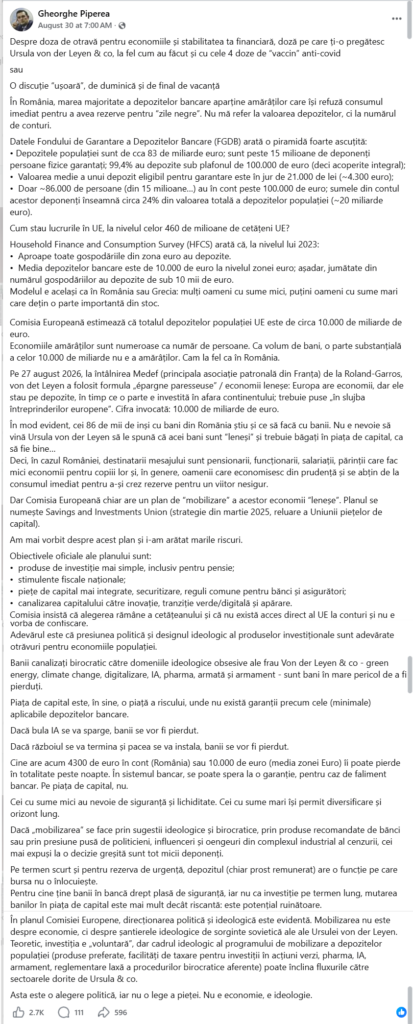 Piperea despre Comisia Europeană și economii